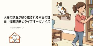 犬猫の誤食が繰り返される理由を解説する記事のアイキャッチ画像。棚を整理する女性と、キャットウォークに座る猫、床にいる犬が描かれている。