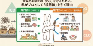 犬猫の飼い主のための、片づけの専門領域と専門外の境界線を示す解説イラスト。中央に聴診器を持つうさぎのキャラクター。