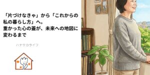 片づけに悩む女性が窓の外を見て未来を描く様子と、「片づけなきゃ」から「これからの私の暮らし方」へという記事タイトルが描かれたアイキャッチ画像