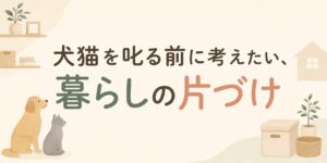 犬と猫のイラストと「犬猫を叱る前に考えたい、暮らしの片づけ」というタイトルが入ったブログアイキャッチ画像
