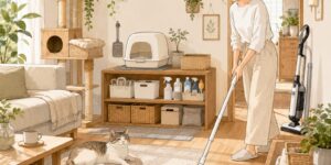 猫がくつろぐ部屋で、飼い主が床掃除をしている様子。猫トイレまわりや掃除用品が整えられた、猫と人にやさしい暮らしのイメージ。