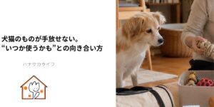 犬猫用品を整理する様子と「犬猫のものが手放せない。“いつか使うかも”との向き合い方」というタイトルが入ったハナサカライフのアイキャッチ画像